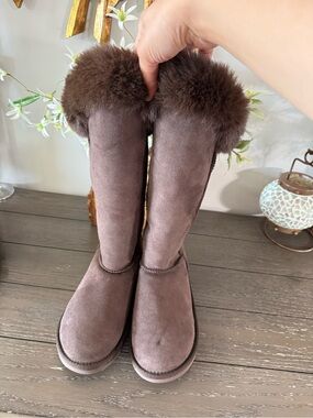 Australia Luxe Collective Chestnut Suede Shearling-Trim Tall Boots